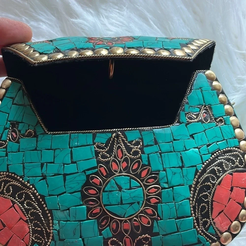 🆕 RAMLA Handmade Moroccan Turquoise Tile Mosaic Clutch Crossbody Bag Gold Chain